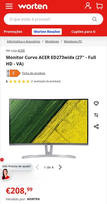 Monitor Acer ED273 144Hz 27" 1080P