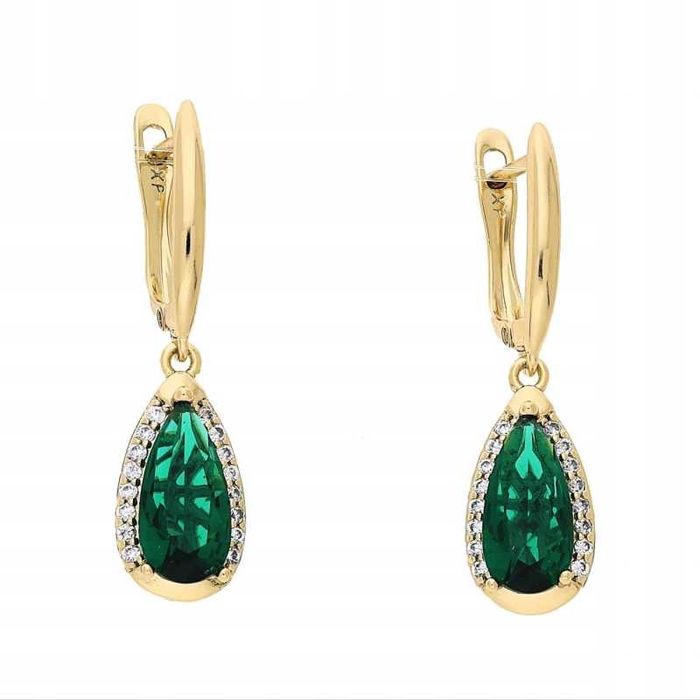 Kolczyki wiszące stal 316 L złote łezka cyrkonia zielona