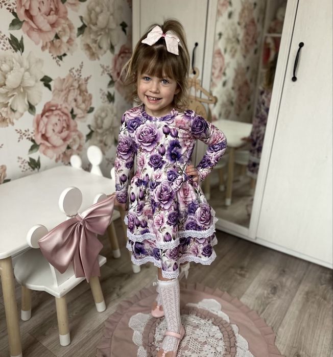 Sukienka dziewczęca fioletowe kwiaty 128 Hebe Kids elegancka nowa