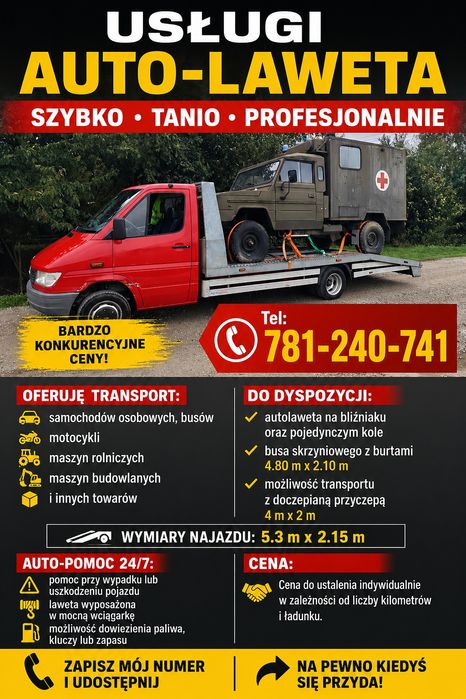 Usługi transportowe autolawetą ! Tanio od 2zl z km ! Przewóz