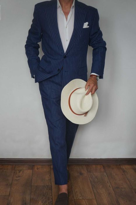 Bytom Garnitur Męski 182/100/96 Granatowy Prążki 100% Len Letni Elegancki Premium