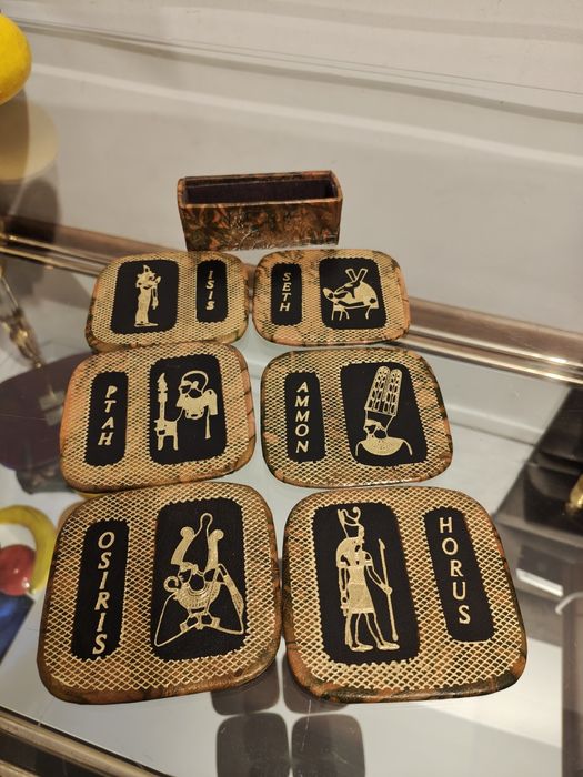 Zestaw 6 podstawek w stylu egipskim, prawdziwa skóra z uchwytem
