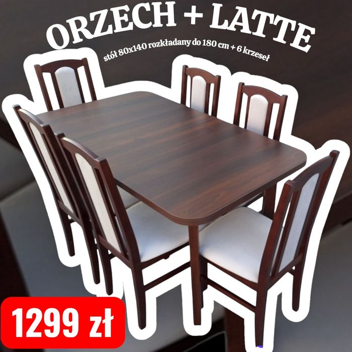 Nowe: Stół 80x140/180 + 6 krzeseł, 48 kolorów od ręki,  dostawa cała P