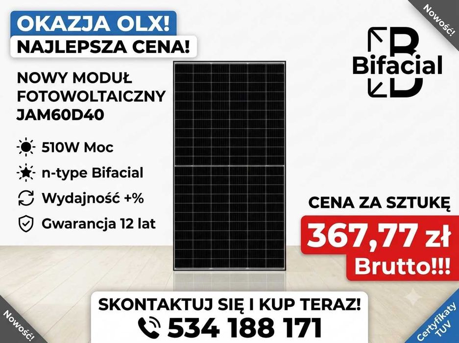 Panel Słoneczny Moduł fotowoltaiczny JAM60D40 510W LB_BF n-type bifacjal 362,85zł Brutto!!!