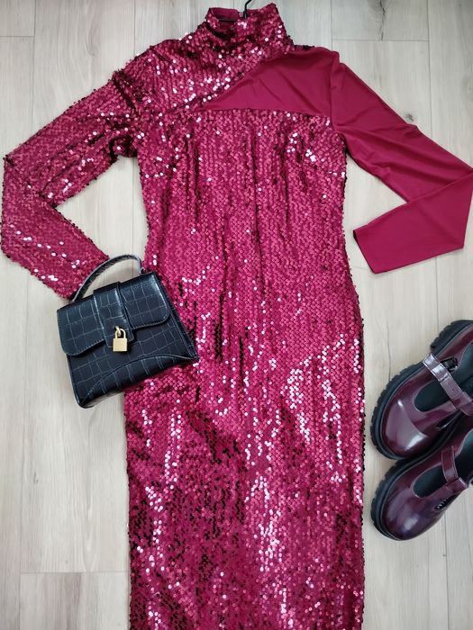 Bordowa sukienka maxi cekinowa elegancka 34 wieczorowa sequin dress