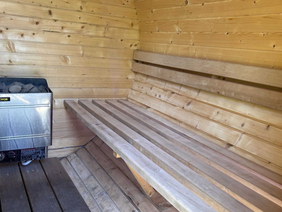 Sauna drewniana sucha 390cm PRODUCENT z tarasem fińska beczka FV23
