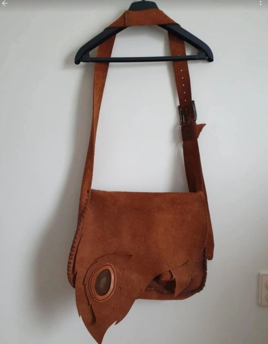 Skórzana ruda listonoszka zamszowa, ręczna robota, wszyty agat, A4