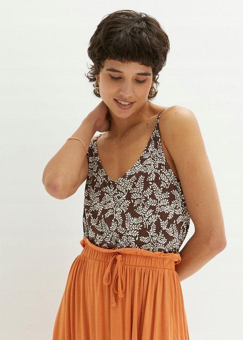 B.P.C top na cienkie ramiączka brązowy w białe wzory 48/50.