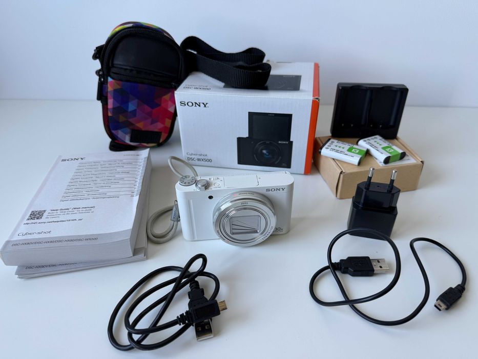 Aparat Sony Cyber-shot DSC-WX500 30x zoom — pełny zestaw w świetnym stanie, 3x bateria + etui i ładowarka