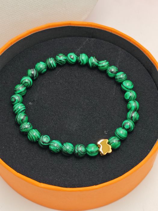 Bransoletka 17,19 z malachitów z misiem żółte srebro vermeil 925