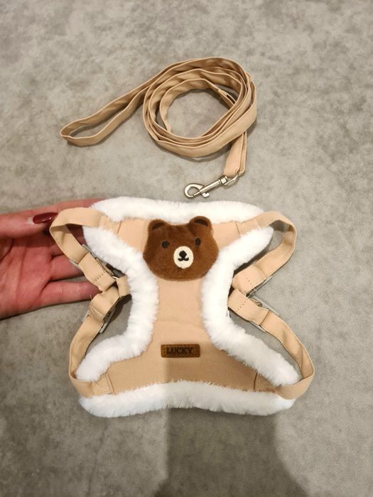 Szelki ocieplane z misiem + smycz dla pieska jasny beż Nowe rozmiar M