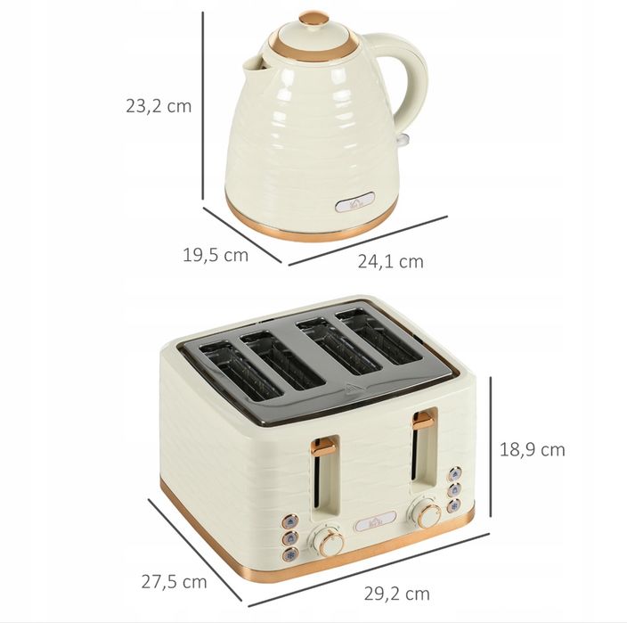 HOMCOM Zestaw czajnik i toster 1,7 L, toster na 4 kromki, beżowy