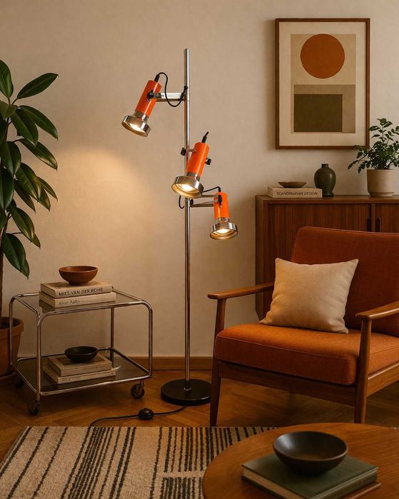 Trzypunktowa podłogowa lampa Vintage Hustadt Leuchten chrom, pomarańcz