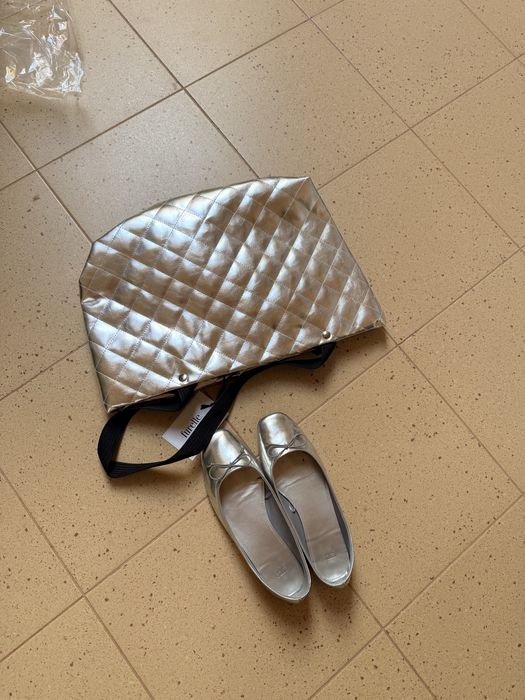 Zestaw srebrne baleriny r.38  i torebka typu shopper