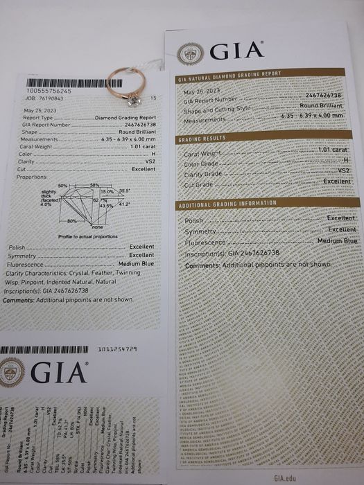 GIA 1.01 ct. H VS2. Золотое кольцо с бриллиантом.