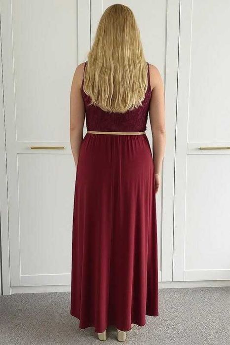 Bordowa sukienka maxi z koronką + złoty pasek 44/46