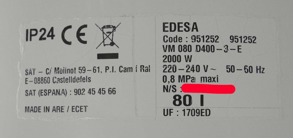Termoacumulador Edesa 80l para peças ou reparação