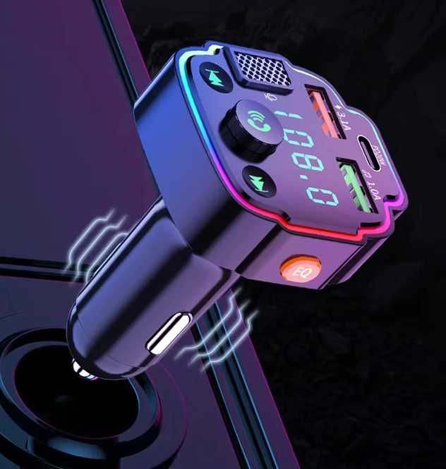 Transmiter samochodowy bluetooth fm mp3 2x usb + usb-c ładowarka