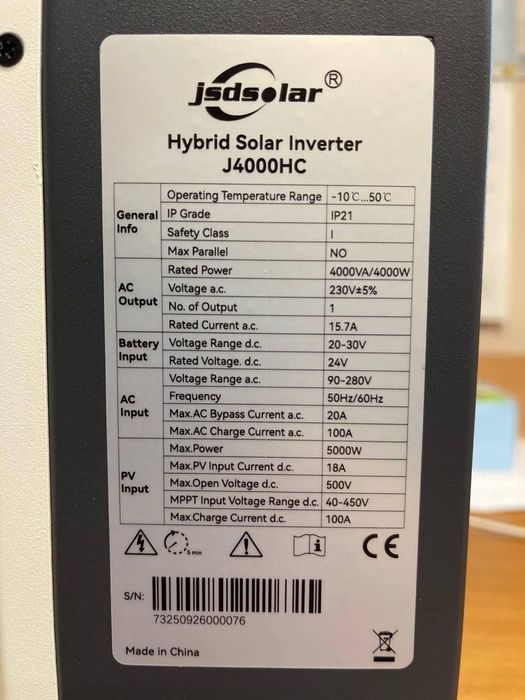 Гібридний інвертор JSDsolar J4000HC WiFi 4000W,  акумулятори з блютуз