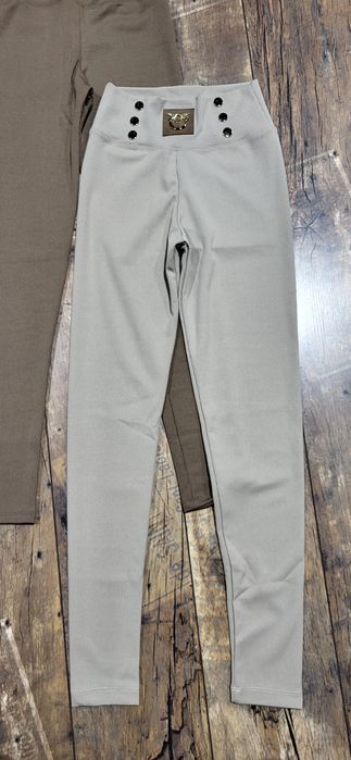 2 pary legginsy prążek beżowe brązowe ptaszki premium S