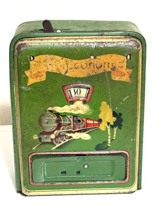 Rare antique GEOBRA piggy bank made of polychromed tinplate