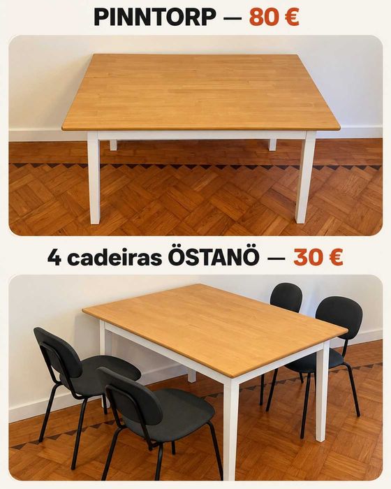 Mesa de jantar IKEA PINNTORP — 80 € e Conjunto de 4 cadeiras IKEA ÖSTANÖ — 30 €
