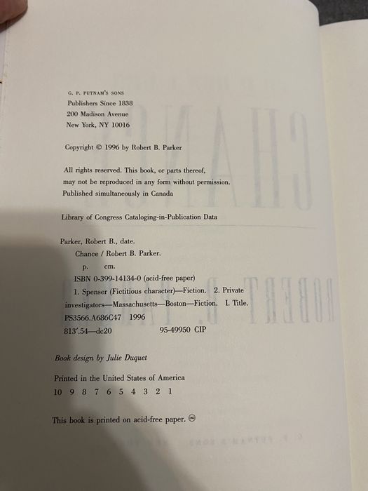 Chance — Robert B. Parker | Hardcover Putnam 1996