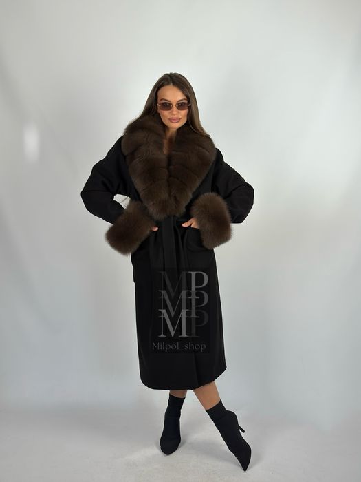 Женское кашемировое пальто с натуральным мехом песца, 42-56 размеры