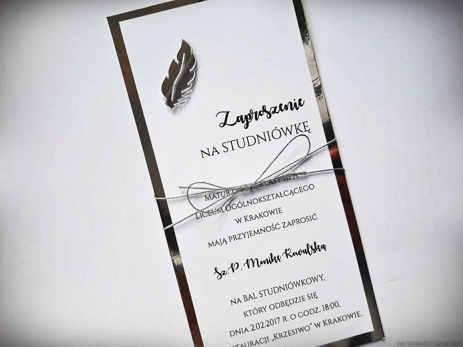 Złote lub srebrne zaproszenie z piórem na Studniówkę, glamour