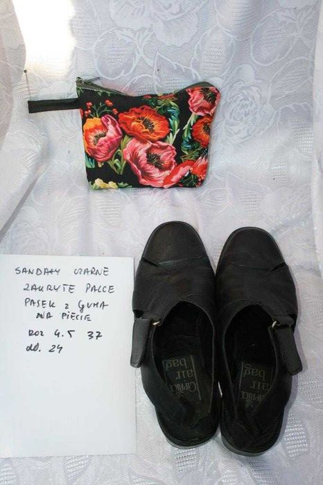 sandały czarne skórzane roz 37 zakryte palce dł24 Caprice +kosmetyczka