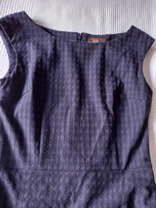 Vestido azul marinho com motivos, Globe, Tam 34