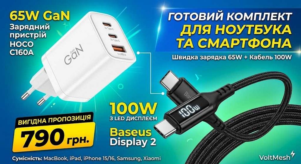 Комплект Зарядка 65W GaN Hoco C160A + Кабель Baseus 100W з екраном
