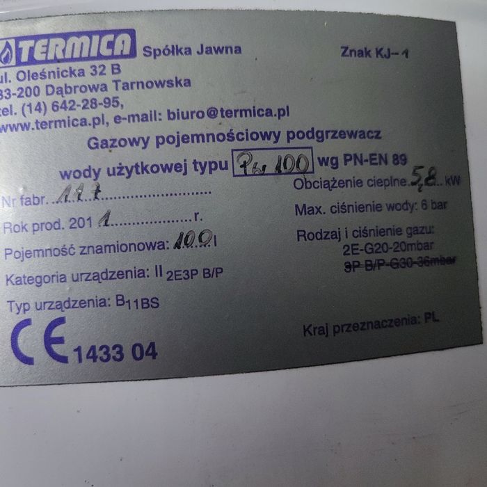 Piec gazowy pojemnościowy 100l