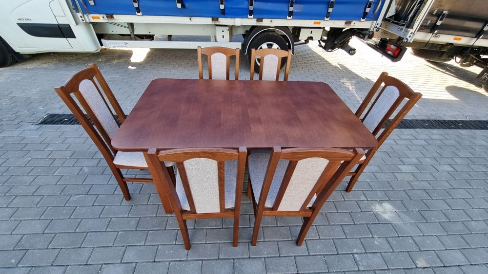 Nowe: Stół 80x140/180 + 6 krzeseł, kasztan + kawa z mlekiem, transPL