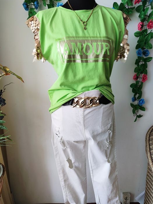 Neonowa zielona bluzka złote cekiny streetwear