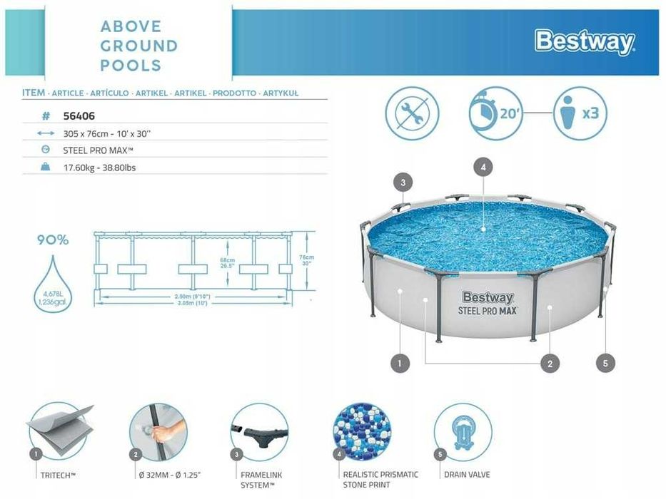 Басейн каркасний Bestway 305x76 см. 4678 л. Новий. Для дому та дачі. Каркасный бассейн