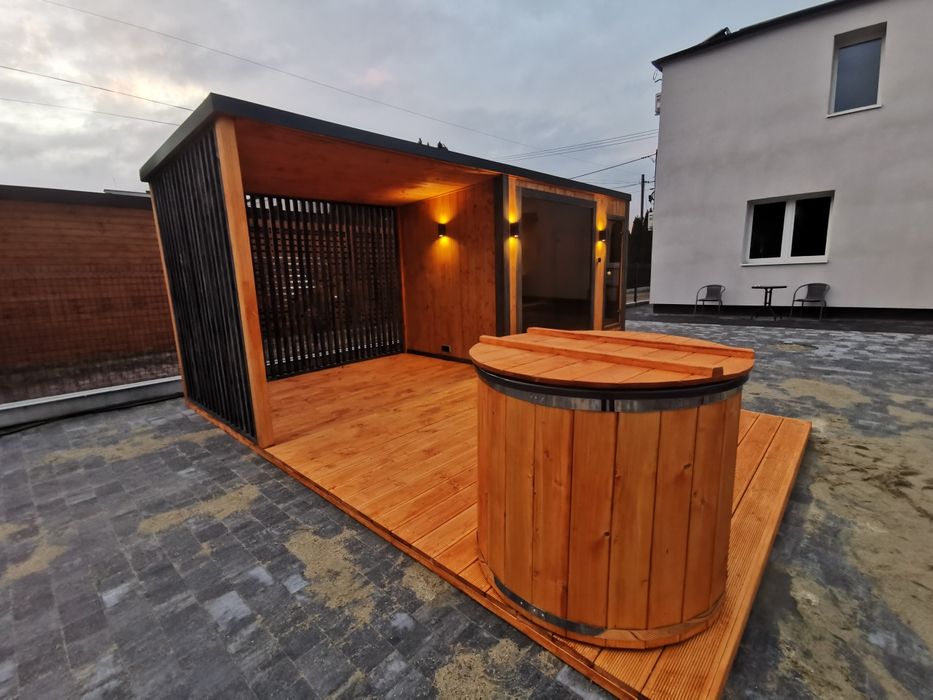 Sauna ogrodowa  premium 6,5m x 2m  Piec taras  miejsce na Jacuzzi