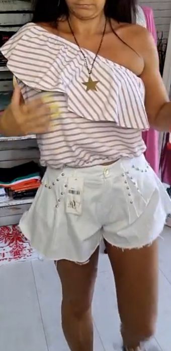 Bluzka na jedno ramię paski różowo białe