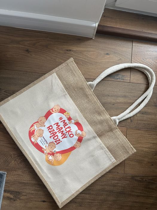 Nowa duża torba pleciona beżowa plażowa na zakupy z Logo