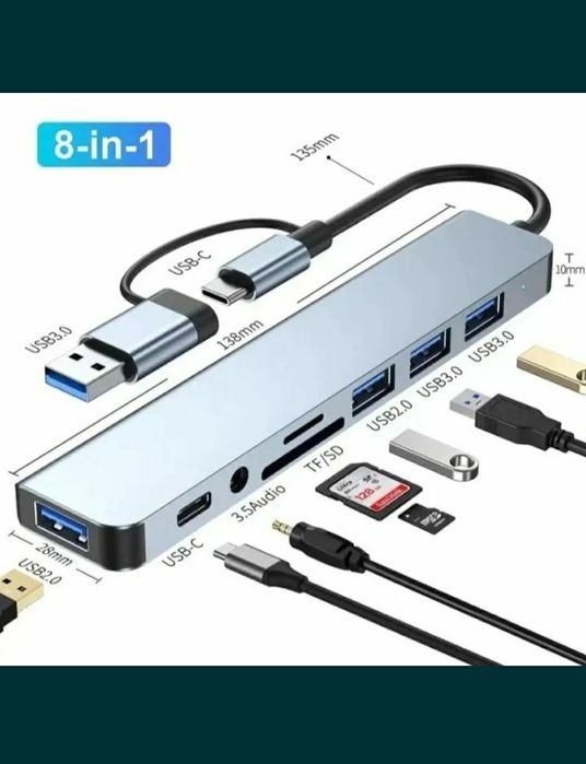 Док-станція 8 в1 Usb Hab 3.0 type-с концентратор на 8 портів картрідер