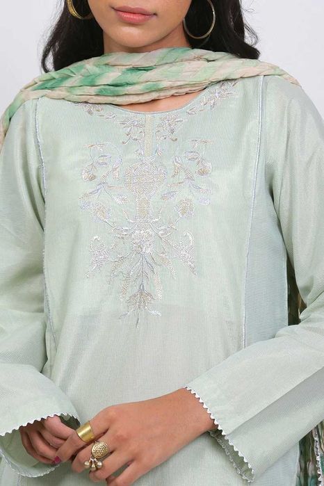 Indyjski komplet M 38 zielony złoty haftowany tunika kameez kurta boho