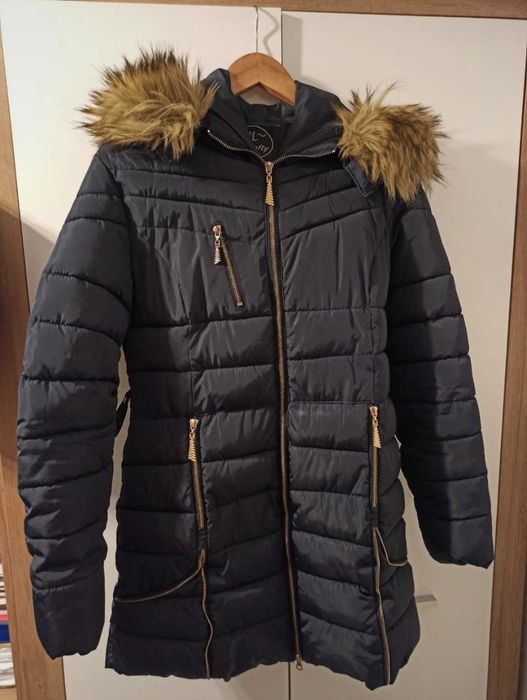 Płaszcz zimowy długa ciepła kurtka L XL granat pikowany ciepły kaptur