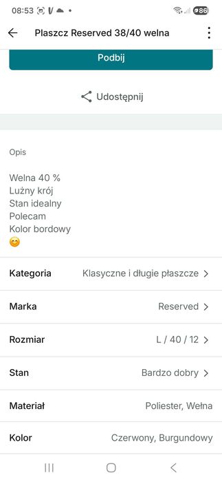 Płaszcz Reserved Wełna