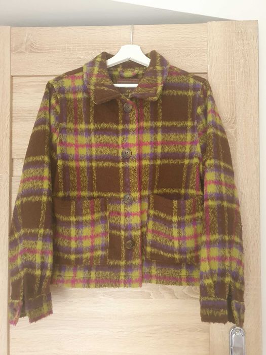 Brązowa w kratkę kurtka, żakiet, klasyczna, PageOne, roz. 42