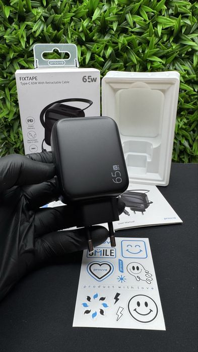 Сетевое зарядное 65 ват с встроенным кабелем Пруве Proove 65w блочок