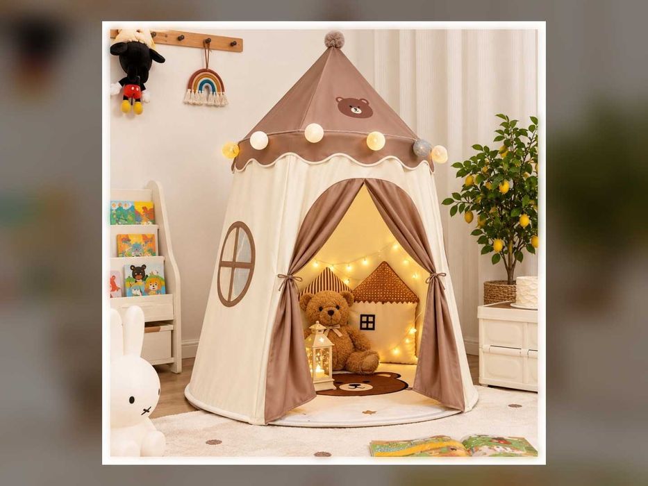 Namiot TIPI dla dzieci domek wigwam beżowy miś 110x150 cm