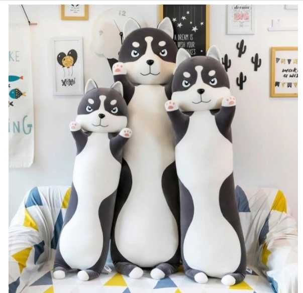 Szary pluszowy pies husky poduszka