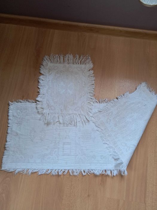Lniany recznie tkany bieżnik, obrus i serwetka PRL