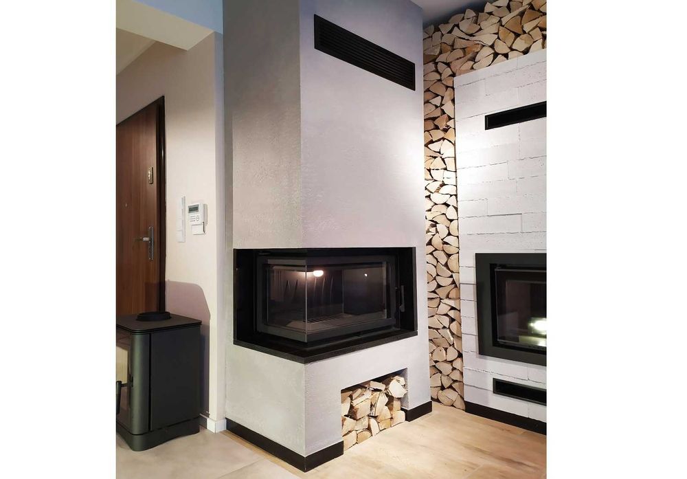 Kominek z boczną szybą kamiennym blatem montażem Kraków Katowice Gdów