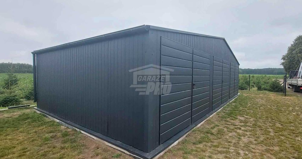 Garaż blaszany 10x6m - 3x Brama - Rynny Dach dwuspadowy GP601